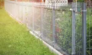Solidne ogrodzenie panelowe to świetny sposób, czym ogrodzić działkę. Widać je na tle zielonej trawy i roślinności.