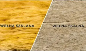 Porównanie wełny szklanej (żółtej) i wełny skalnej (beżowej). Oba materiały izolacyjne mają włóknistą strukturę.