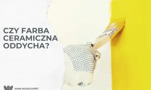 Pędzel w rękawiczce maluje ścianę na żółto. Tekst pyta: czy farba ceramiczna oddycha?
