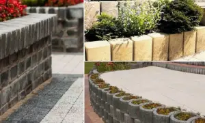 Różnorodne murki oporowe w ogrodzie: z cegły, betonowych bloków i okrągłych elementów, tworzące rabaty i tarasy.