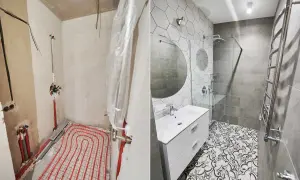Przed i po remoncie łazienki w bloku. Od gołych ścian i instalacji do nowoczesnej, funkcjonalnej przestrzeni z prysznicem i umywalką.