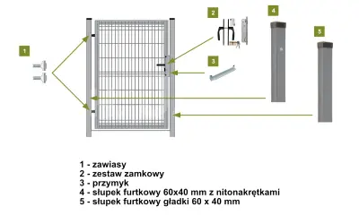 Schemat montażowy bramy i furtki: zawiasy, zamek, przymyk, słupki furtkowe. Określa wymiary bramy wjazdowej i furtki.