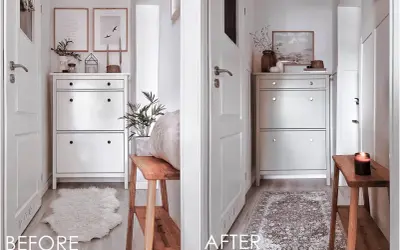 Przed i po: malowanie mebli z IKEA. Biała komoda na buty zyskała nowy, jasnoszary odcień, a wnętrze holu stało się przytulniejsze dzięki nowemu dywanowi i dekoracjom.
