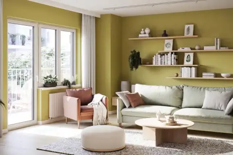 Jasnozielone ściany w salonie dodają energii. Inspiracje do malowania ścian znajdziesz w tej przytulnej aranżacji z wygodną kanapą i fotelem.