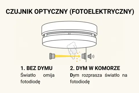 Schemat działania czujnika optycznego. Bez dymu światło omija fotodiodę. W obecności dymu światło rozprasza się na fotodiodę, uruchamiając alarm.