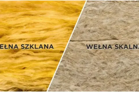 Porównanie wełny szklanej (żółtej) i wełny skalnej (beżowej). Oba materiały izolacyjne mają włóknistą strukturę.