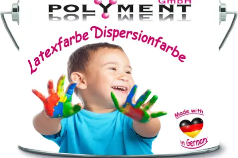Uśmiechnięty chłopiec z rękami pomalowanymi kolorowymi farbami dyspersyjnymi. Na puszce napis "Latexfarbe Dispersionfarbe".