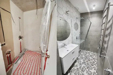 Przed i po remoncie łazienki w bloku. Od gołych ścian i instalacji do nowoczesnej, funkcjonalnej przestrzeni z prysznicem i umywalką.