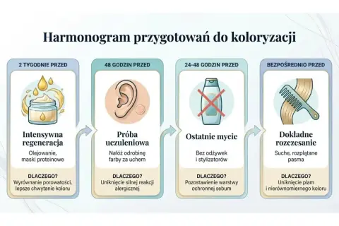Harmonogram przygotowań do koloryzacji: intensywna regeneracja, próba uczuleniowa, ostatnie mycie i rozczesanie. Klucz do uzyskania najlepszych farb na włosach.