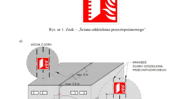 Schemat przedstawia murek ogniowy, czyli ścianę oddzielenia przeciwpożarowego, z zaznaczonymi odległościami i oznaczeniami.