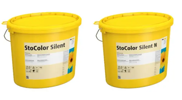 Dwa żółte wiadra z farbą akustyczną StoColor Silent i StoColor Silent N.