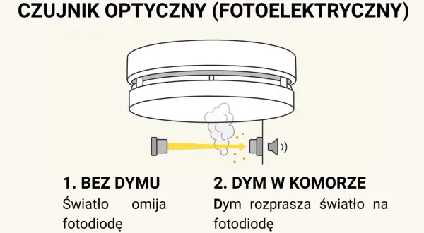 Schemat działania czujnika optycznego. Bez dymu światło omija fotodiodę. W obecności dymu światło rozprasza się na fotodiodę, uruchamiając alarm.
