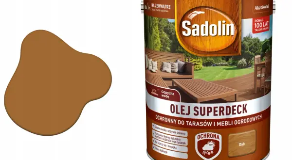 Olej Sadolin Superdeck do tarasów i mebli ogrodowych, kolor dąb. Idealny do ochrony drewna, świetny olej do tarasów ranking.