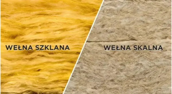 Porównanie wełny szklanej (żółtej) i wełny skalnej (beżowej). Oba materiały izolacyjne mają włóknistą strukturę.