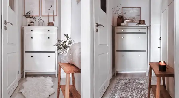 Przed i po: malowanie mebli z IKEA. Biała komoda na buty zyskała nowy, jasnoszary odcień, a wnętrze holu stało się przytulniejsze dzięki nowemu dywanowi i dekoracjom.