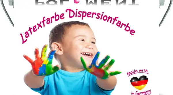 Uśmiechnięty chłopiec z rękami pomalowanymi kolorowymi farbami dyspersyjnymi. Na puszce napis "Latexfarbe Dispersionfarbe".