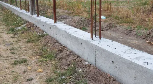 Solidny fundament pod ogrodzenie, z wystającymi prętami zbrojeniowymi, czeka na dalsze prace budowlane.