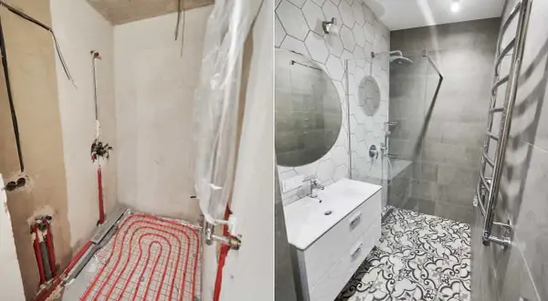 Przed i po remoncie łazienki w bloku. Od gołych ścian i instalacji do nowoczesnej, funkcjonalnej przestrzeni z prysznicem i umywalką.