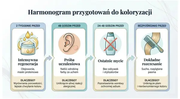 Harmonogram przygotowań do koloryzacji: intensywna regeneracja, próba uczuleniowa, ostatnie mycie i rozczesanie. Klucz do uzyskania najlepszych farb na włosach.