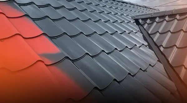 Malowanie blachodachówki na czarno, z widocznym fragmentem czerwonej farby.