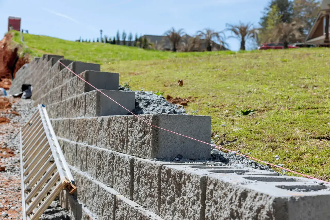 Budowa taniego murku oporowego z bloczków betonowych. Widać drabinę i sznur geodezyjny.