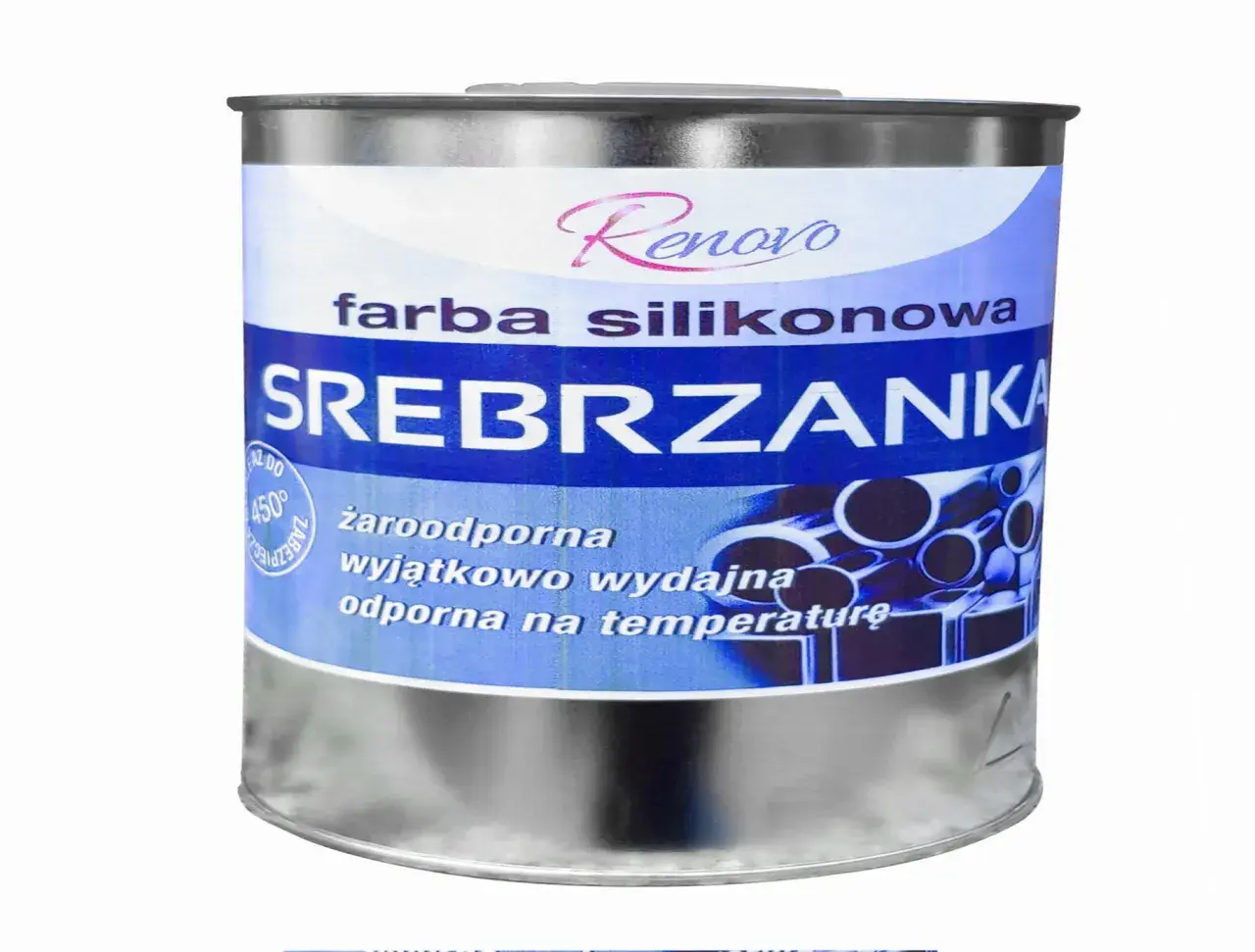 Srebrzanka Renovo - farba silikonowa żaroodporna, wyjątkowo wydajna, odporna na temperaturę. Idealna do ochrony metalowych elementów.