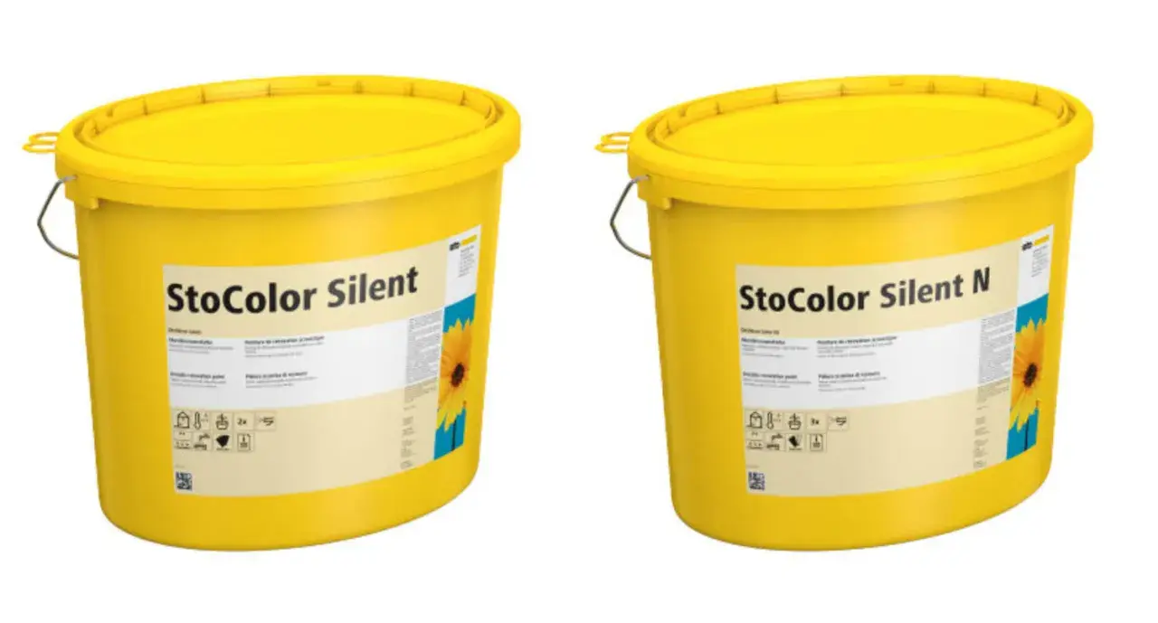 Dwa żółte wiadra z farbą akustyczną StoColor Silent i StoColor Silent N.