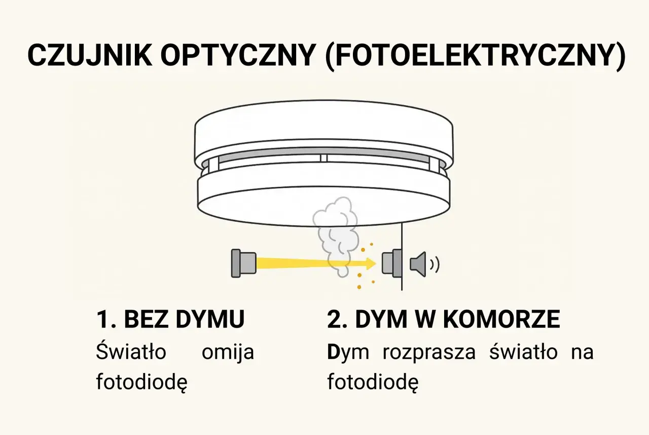 Schemat działania czujnika optycznego. Bez dymu światło omija fotodiodę. W obecności dymu światło rozprasza się na fotodiodę, uruchamiając alarm.