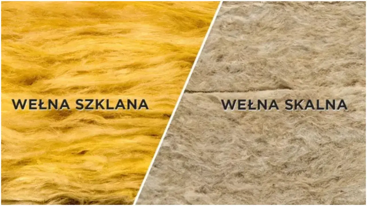 Porównanie wełny szklanej (żółtej) i wełny skalnej (beżowej). Oba materiały izolacyjne mają włóknistą strukturę.