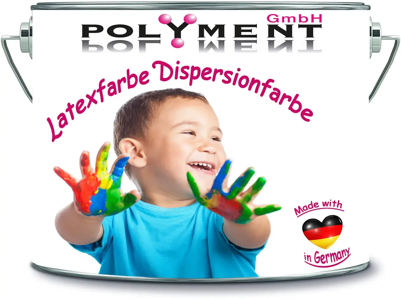 Uśmiechnięty chłopiec z rękami pomalowanymi kolorowymi farbami dyspersyjnymi. Na puszce napis "Latexfarbe Dispersionfarbe".