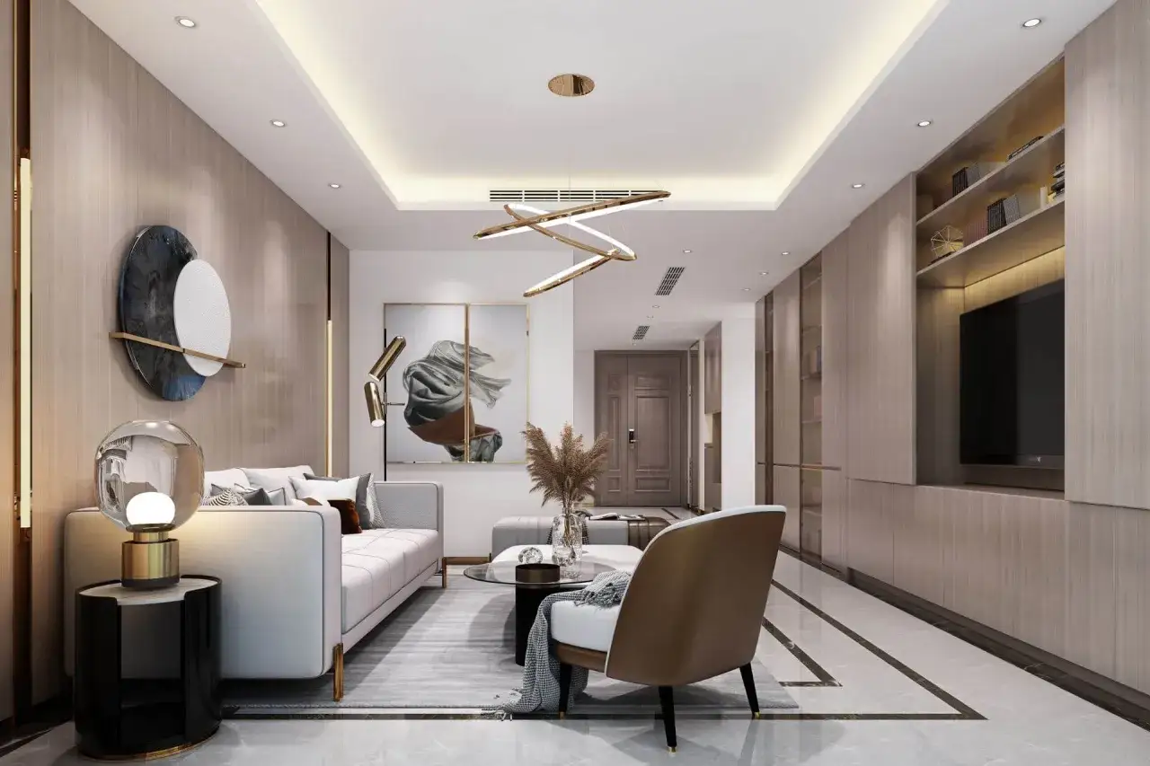 Nowoczesny salon z obniżeniem sufitu, designerską lampą i wygodną sofą.