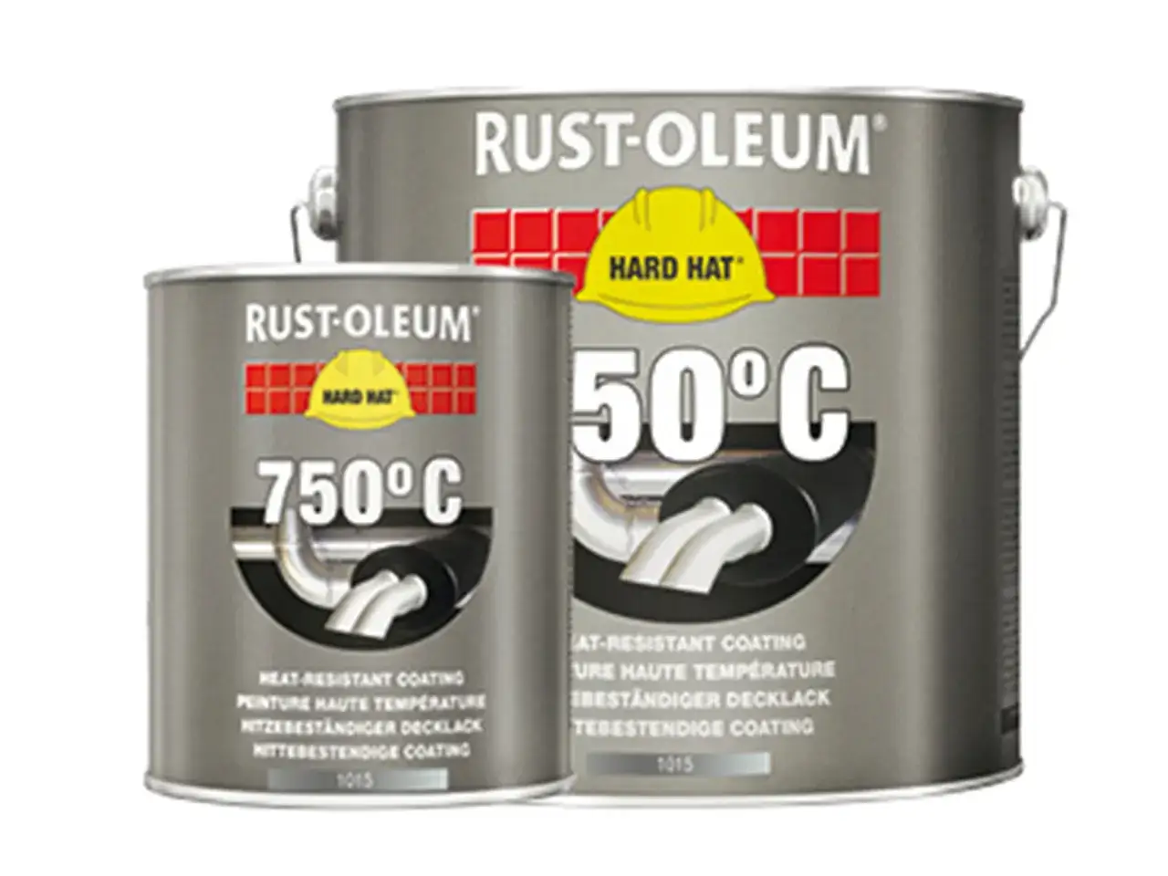 Dwa puszki farby Rust-Oleum Hard Hat: jedna na 750°C, druga na 50°C. Srebrzanka do ochrony przed wysoką temperaturą.
