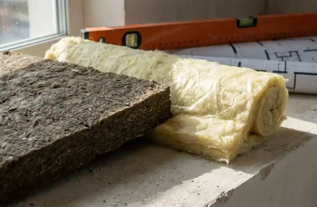 Dwa rodzaje izolacji: ciemna płyta i jasna wełna mineralna, leżą obok siebie na parapecie, gotowe do użycia.