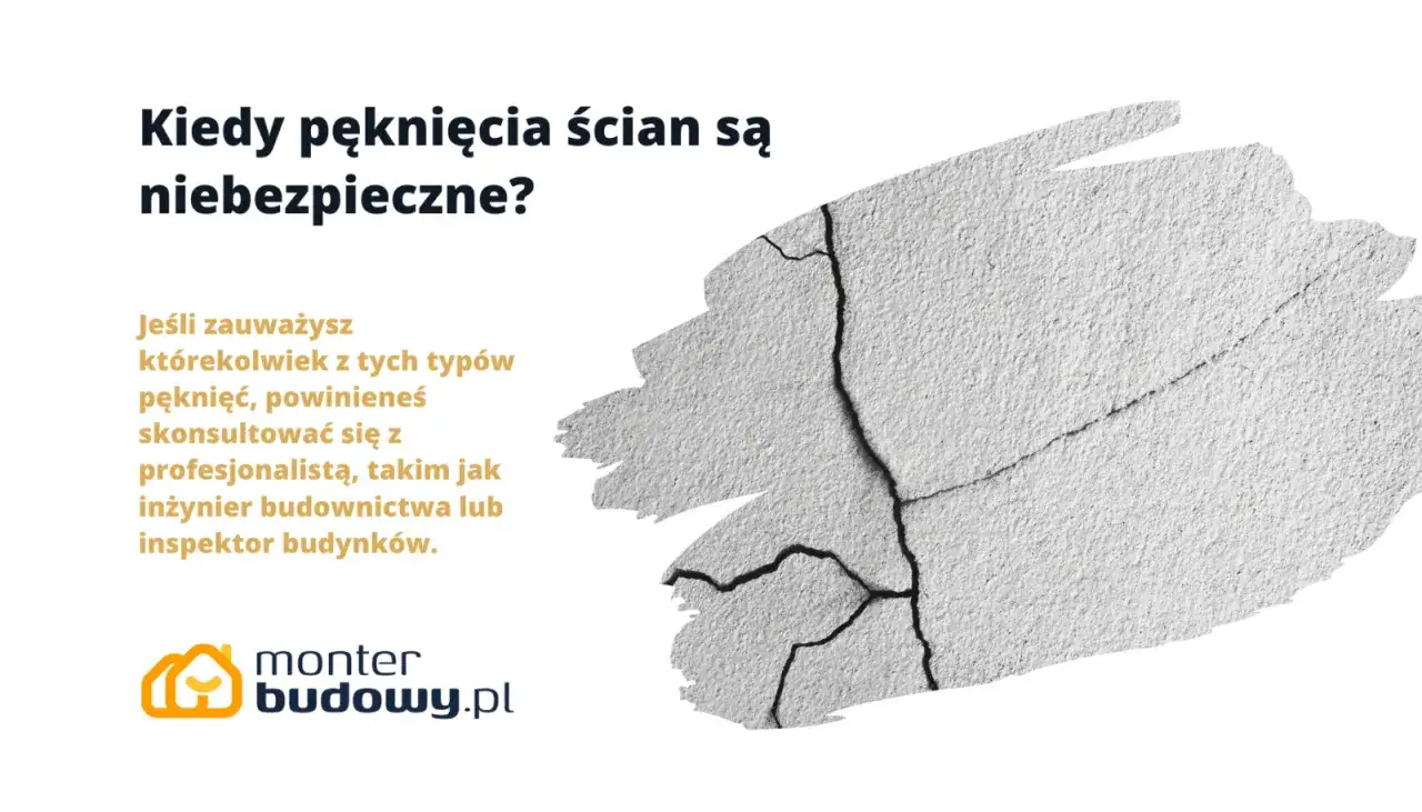 Kiedy pęknięcia ścian są niebezpieczne? Obraz przedstawia pękniętą ścianę i tekst informujący o konieczności konsultacji ze specjalistą.