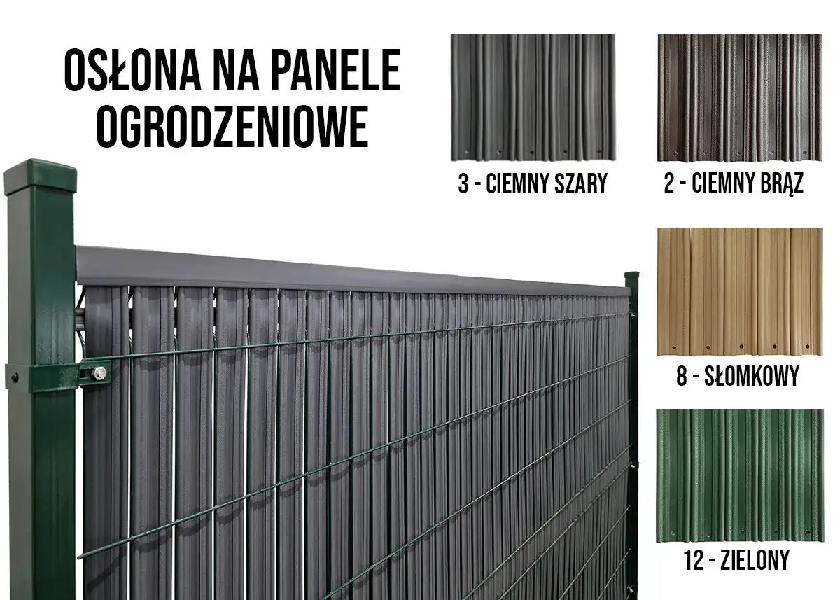 Zasłoń płot z siatki pionowymi lamelami w kolorze ciemnoszarym, ciemnobrązowym, słomkowym lub zielonym.