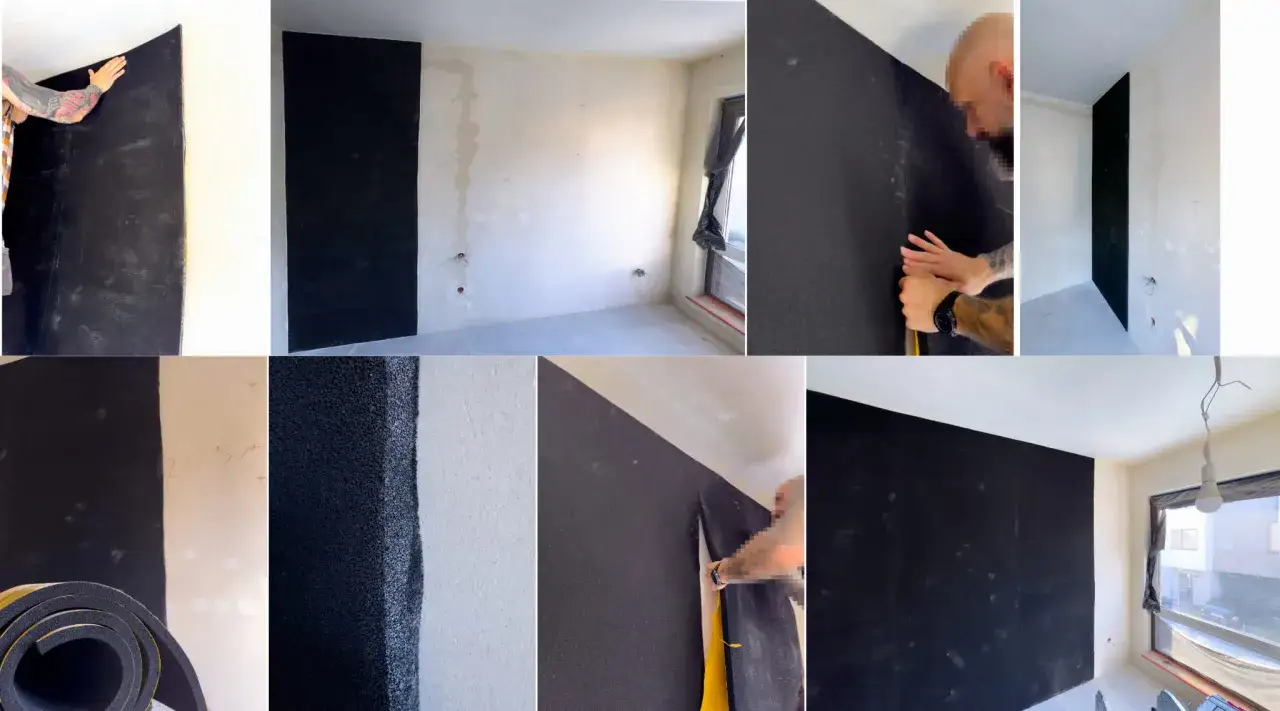 Nakładanie czarnej farby akustycznej na ścianę. Materiał wygłuszający tworzy jednolitą powierzchnię.