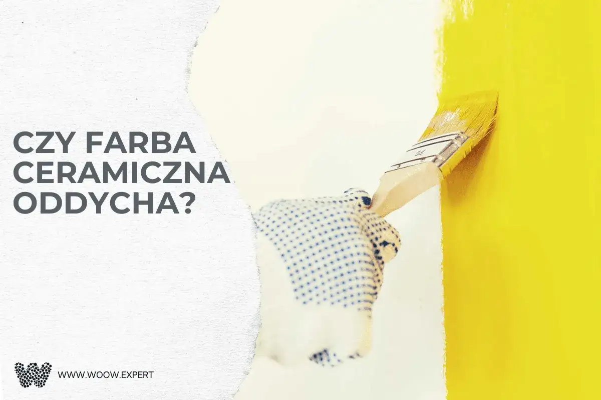 Pytanie: czy farba ceramiczna oddycha? Pędzel w rękawiczce maluje ścianę na żółto, tworząc pytanie o właściwości farby.