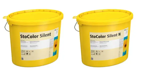 Dwa żółte wiadra z farbą akustyczną StoColor Silent i StoColor Silent N.
