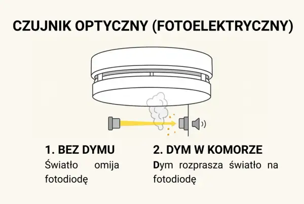 Schemat działania czujnika optycznego. Bez dymu światło omija fotodiodę. W obecności dymu światło rozprasza się na fotodiodę, uruchamiając alarm.