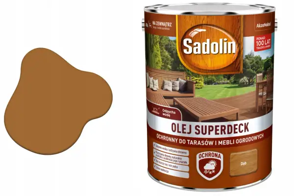 Olej Sadolin Superdeck do tarasów i mebli ogrodowych, kolor dąb. Idealny do ochrony drewna, świetny olej do tarasów ranking.