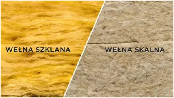 Porównanie wełny szklanej (żółtej) i wełny skalnej (beżowej). Oba materiały izolacyjne mają włóknistą strukturę.