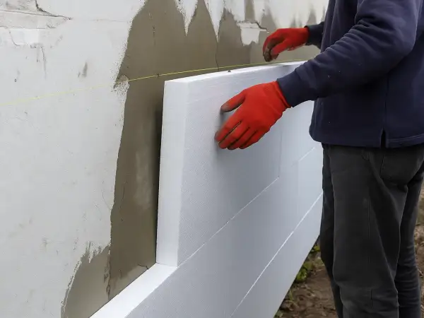Pracownik w czerwonych rękawicach montuje płyty styropianowe na ścianie. To etap prac związanych z tym, ile kosztuje ocieplenie domu.