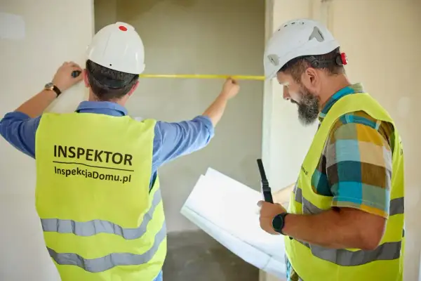 Dwóch inspektorów w kaskach i kamizelkach mierzy pomieszczenie taśmą, jeden trzyma plany.