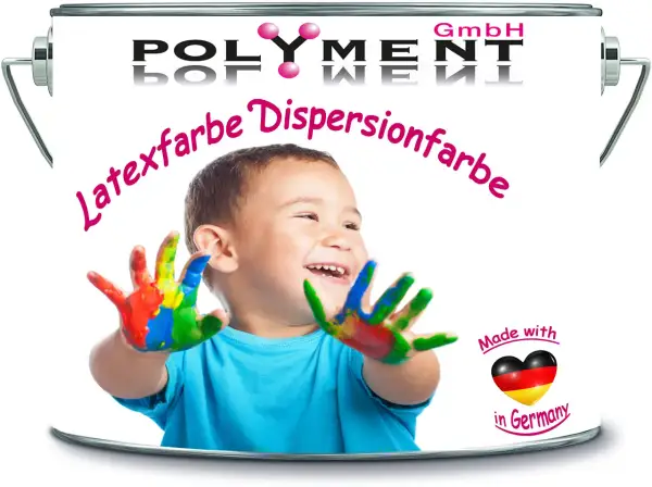 Uśmiechnięty chłopiec z rękami pomalowanymi kolorowymi farbami dyspersyjnymi. Na puszce napis "Latexfarbe Dispersionfarbe".