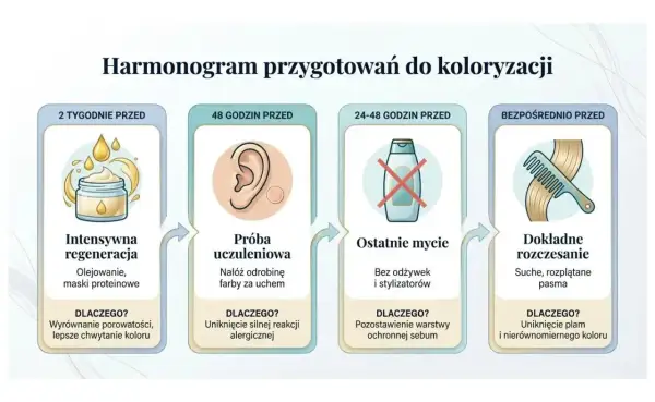 Harmonogram przygotowań do koloryzacji: intensywna regeneracja, próba uczuleniowa, ostatnie mycie i rozczesanie. Klucz do uzyskania najlepszych farb na włosach.
