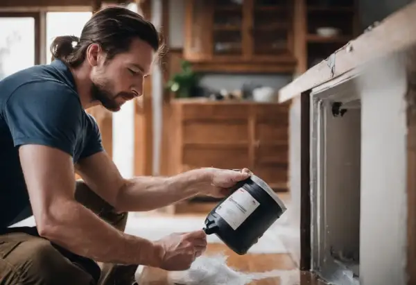 Mężczyzna wylewa biały proszek z wiadra, by dowiedzieć się, czym zmyć klej ze ściany.