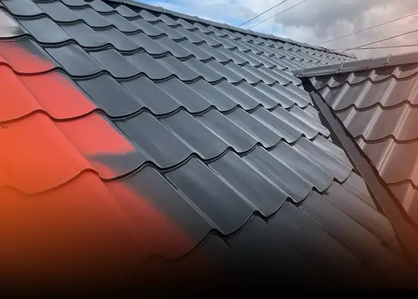 Malowanie blachodachówki na czarno, z widocznym fragmentem czerwonej farby.